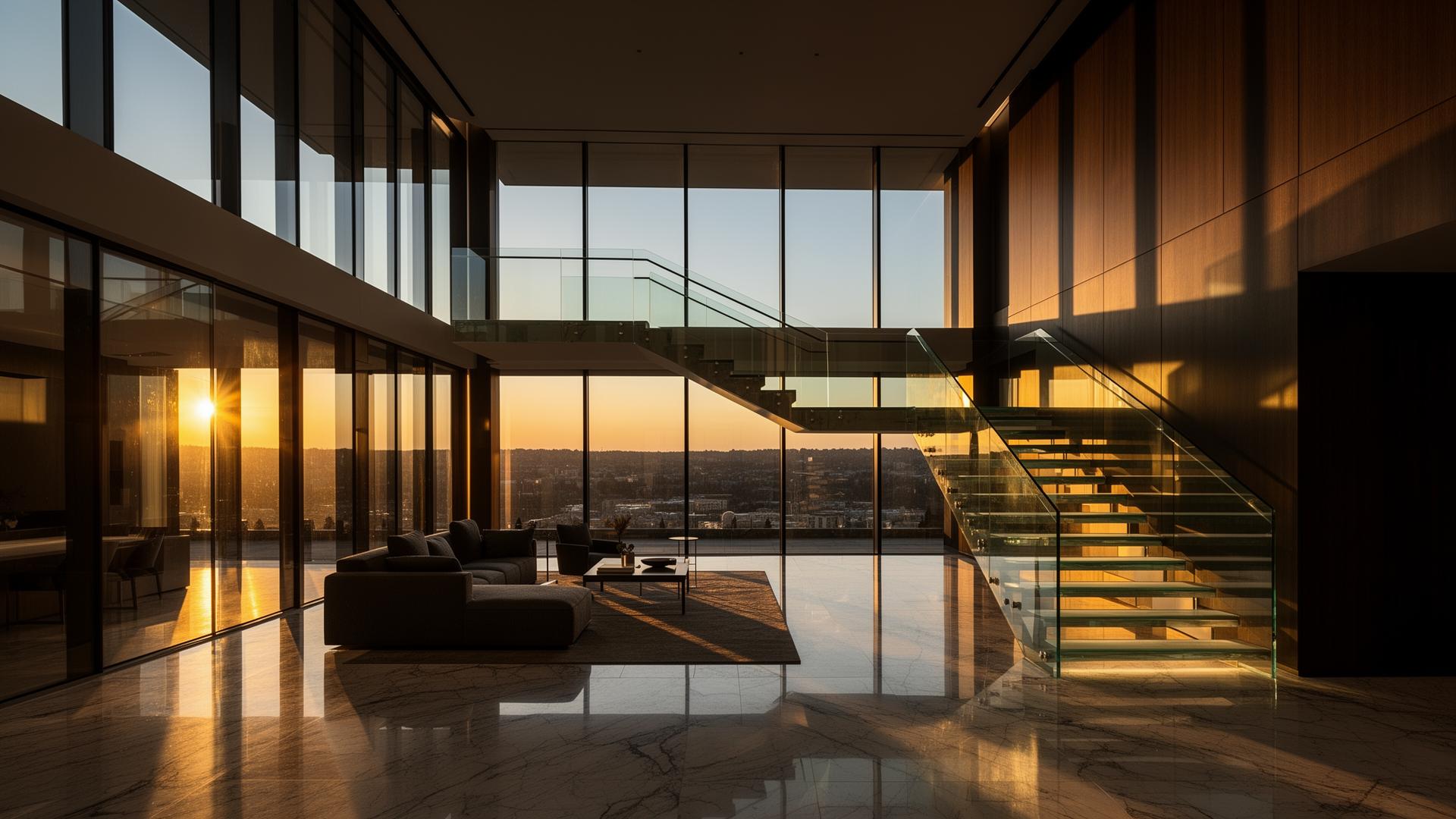 Interior sofisticado com escada e guarda-corpo de vidro